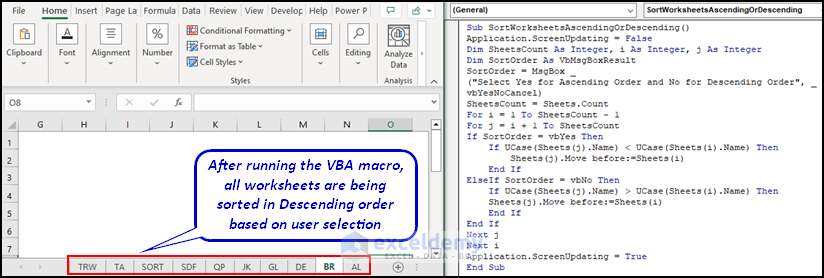 Final output image of VBA code to Sort worksheets in Ascending or Descending Order Based on User Input)