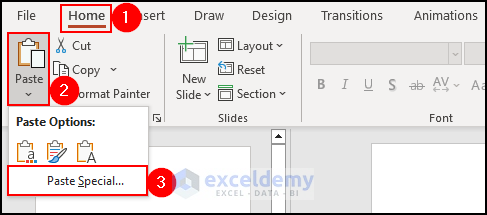 selecting paste special option to paste the data for inserting an Excel file into PowerPoint as an icon