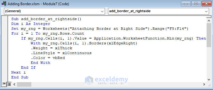 VBA Code for Adding Border at Right Side