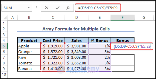  array formual for multiple cells are showing
