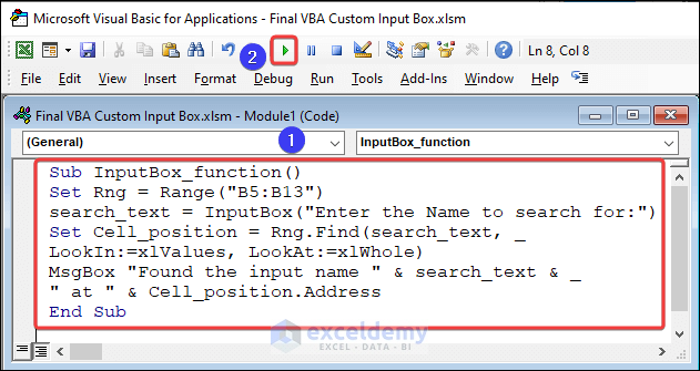 Insertion of VBA code to introduce Input Box