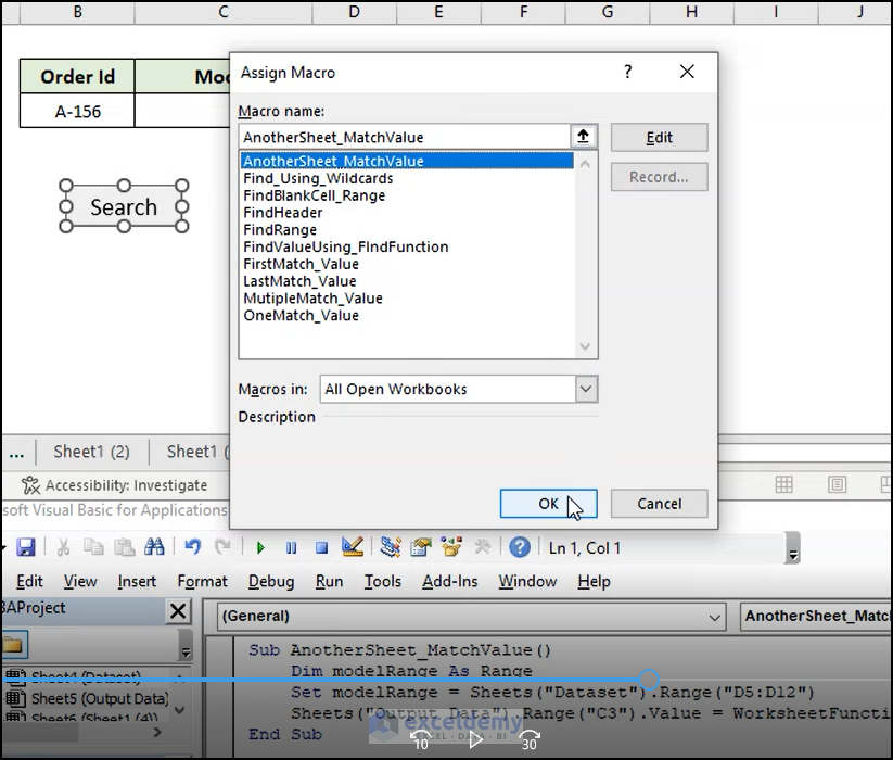 Showing overview of Finding Matching Value in Column in Another Worksheet