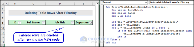 final output image of VBA code to delete Visible Rows After Filtering from Excel table using VBA