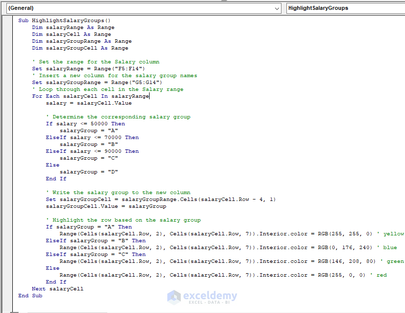If Statement VBA Code Image of Setting Cell Color Based on Salary