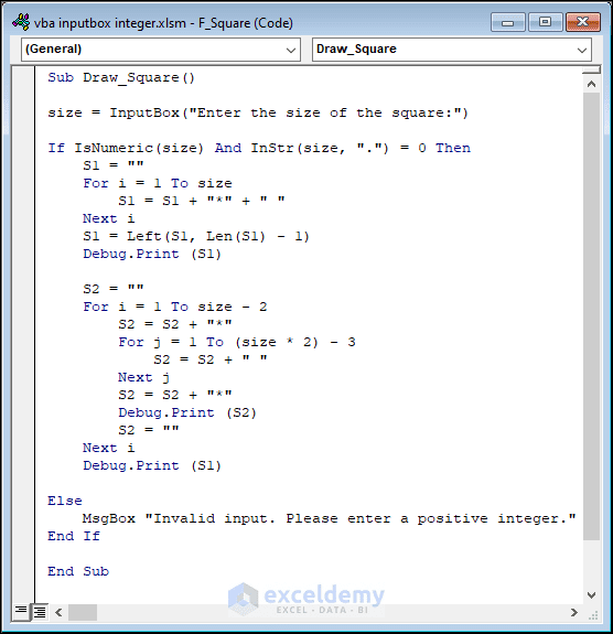 VBA code to draw square of given size