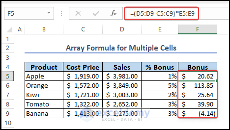 output showing after array formula applied for multiple cells