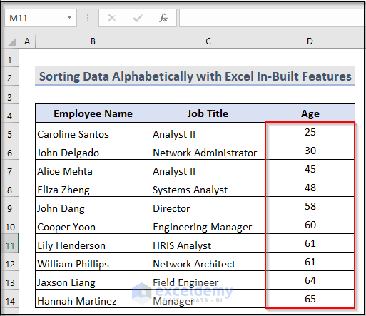 Final output image of VBA code to Sort Data Alphabetically with Excel In-Built Features)