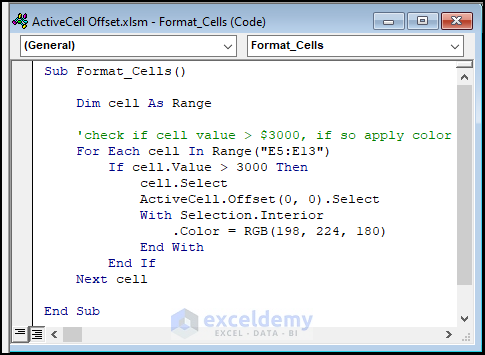 VBA code for formatting cells based on condition using ActiveCell Offset and for each loop