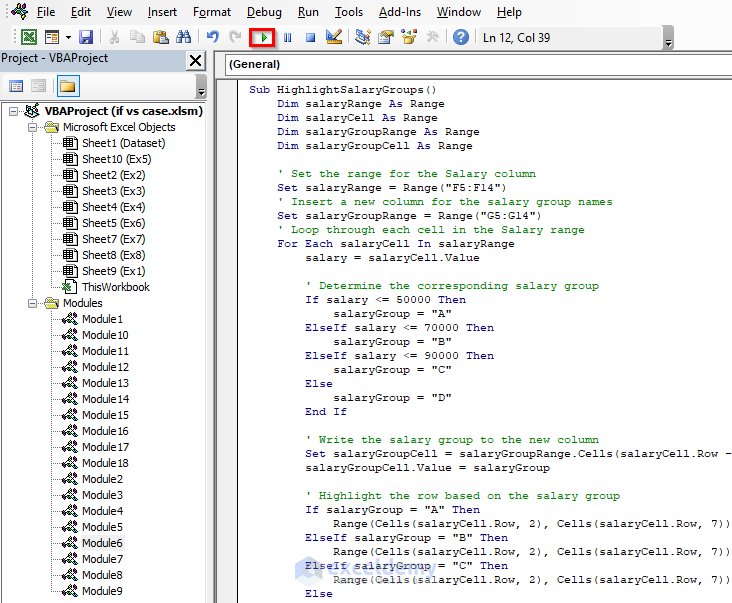 Execution of Setting Cell Color Based on Salary