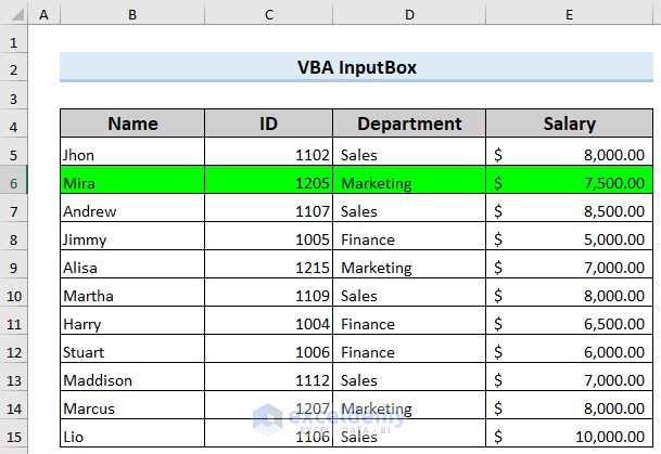Highlighted Data after Writing the Employee Name in the Inserted InputBox