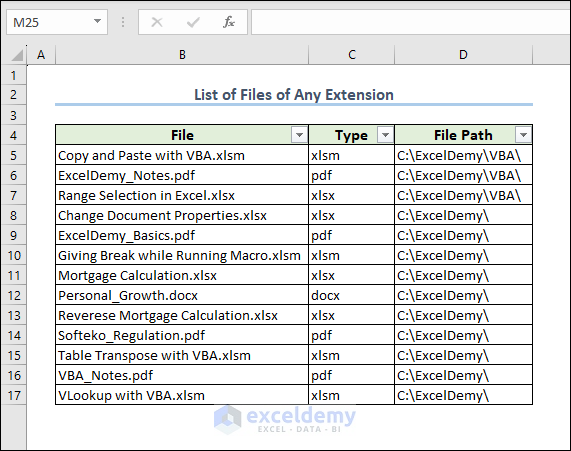 Result of Creating a List of Files with Any Extension Using Excel VBA