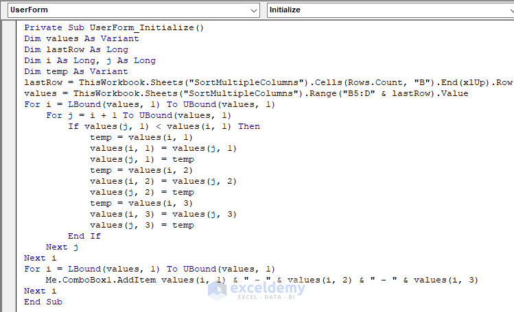 Sorting data alphabetically in multi-column ComboBox code