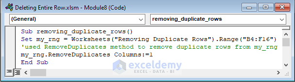 VBA Code to Delete Duplicate Row in Excel