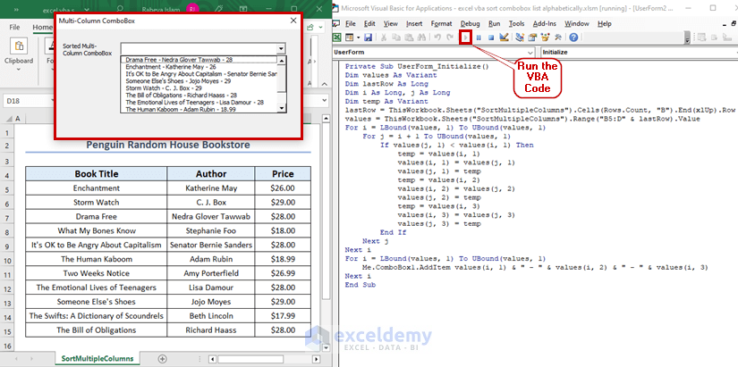 Run the code to sort multi-column ComboBox Alphabetically in Excel VBA