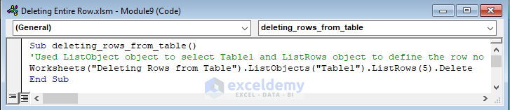 VBA Code to Delete Entire Row From Table in Excel
