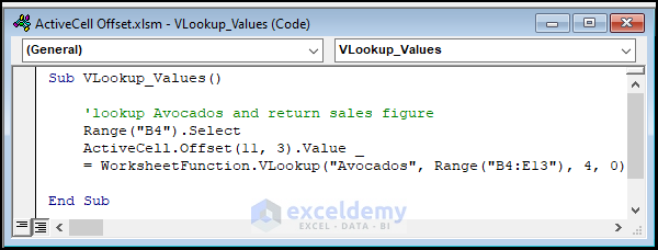 VBA code for retrieving value with ActiveCell Offset and VLookup Function