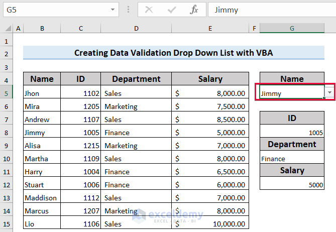 Dataset After Adding and Selecting Data from the Data Validation List