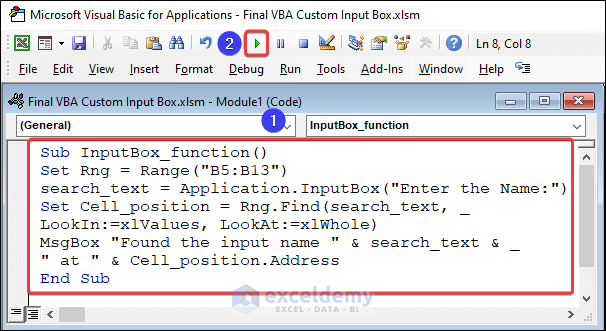 Insertion of VBA code to apply Application.InputBox function to Insert VBA Input Box