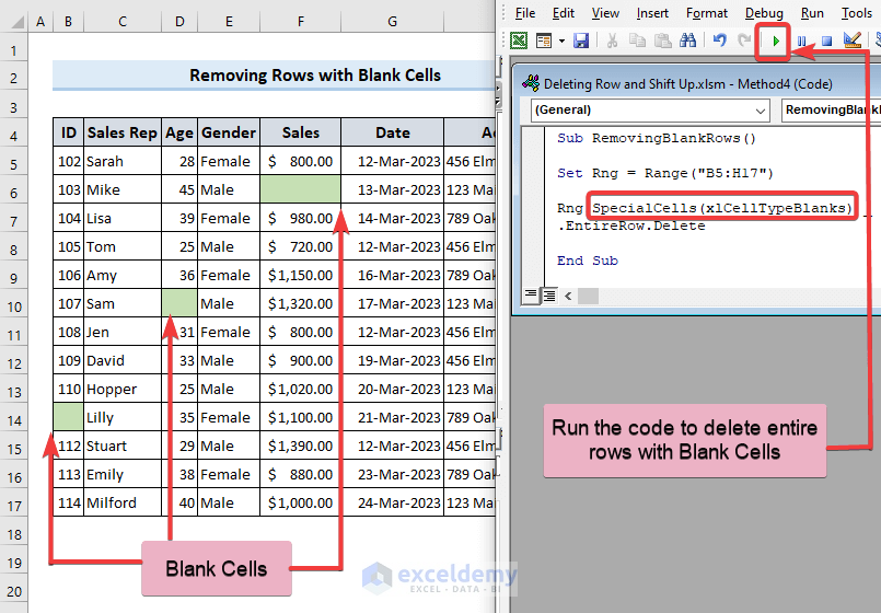 Overview of deleting rows containing blank cells in the worksheet