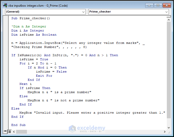 VBA code to check if an integer is Prime or not