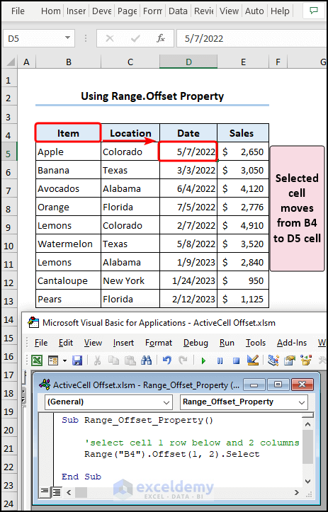 Applying Range Offset property to move selected cell