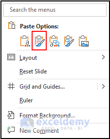 selecting paste options to paste the excel chart