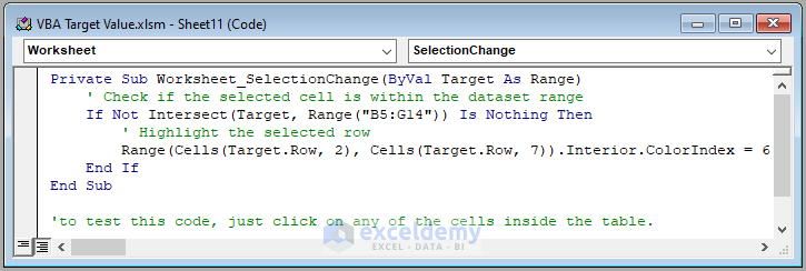 Code Image of Use of Worksheet_SelectionChange Event