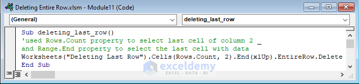 VBA Code to Delete Entire Last Row in Excel