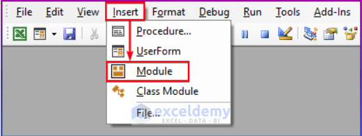 Selecting a New Module from the Visual Basic Editor Window