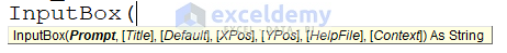 Syntax of VBA InputBox Function