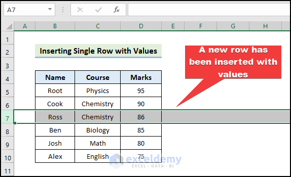 single row has been added in 7th row using VBA in Excel