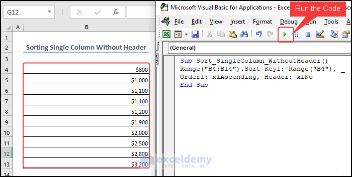 Result after Sorting Single Column Without Header in ascending order in Excel VBA