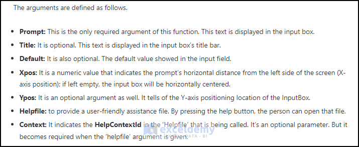 Arguments for VBA InputBox)