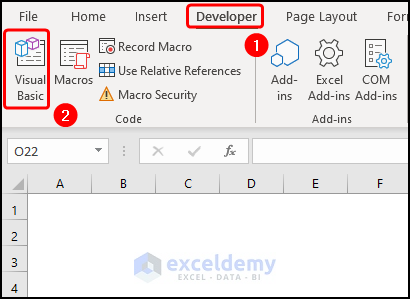 Moving to the developer tab and clicking on the visual basic button