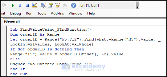Code for  Finding Matching Value in Column Using Find Function