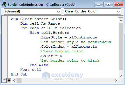 VBA code to  Clear Border Colors in Excel VBA 