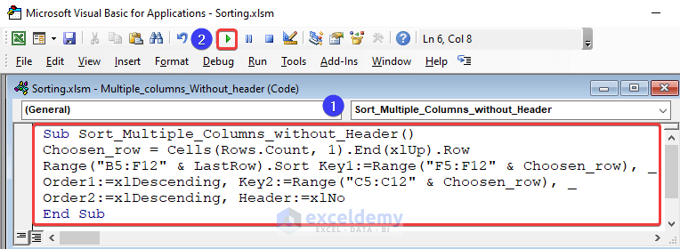 VBA code to sort multiple columns without header