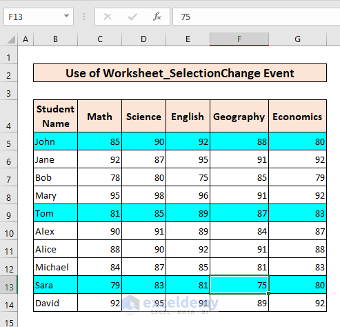 Coloring Entire Row inside Table by Detecting Selection Cell