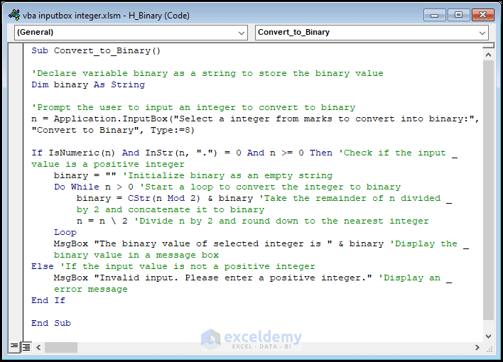 VBA code to conert an integer to binary