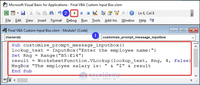 VBA code for customizing prompt message in custom input box
