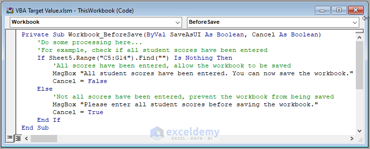 Code Image of Workbook_BeforeSave Event