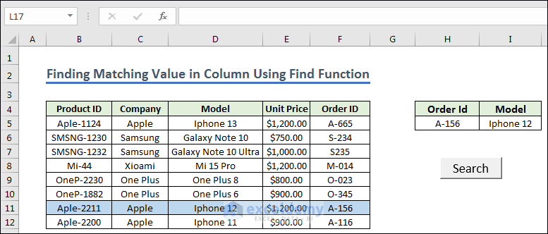 Final Result of Finding Matching Value in Column Using Find Function