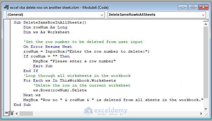 Code Image of Delete Row from Multiple Worksheets