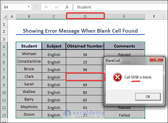 Result for showing Error Message When Blank Cell is Found