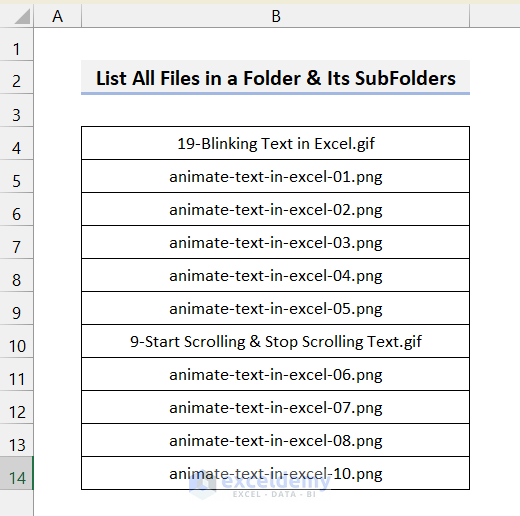 Results of Running VBA Code for Listing All Files in a Folder & Its SubFolders