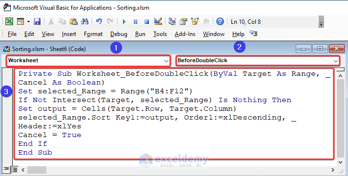 VBA code to enable double click event to sort columns