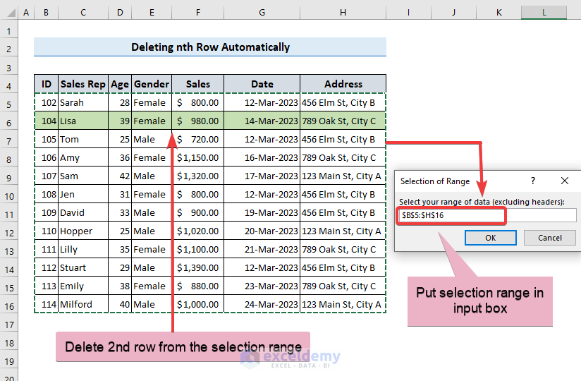 Application of input box for selection range delete an n-th row of the range