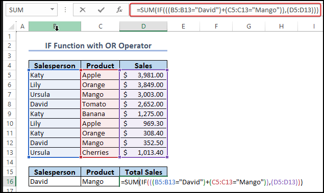 Formula implemented to show summation with criteria array function
