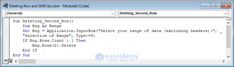 Initiate If loop in VBA code to delete 2nd row from selection range