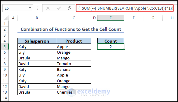Use of SUM and ISNUMBER to get Count of Cell